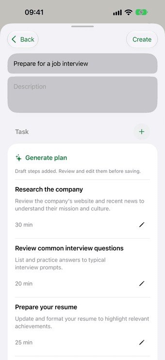 Focusio 1.1.0 preview: an editable AI-generated plan for preparing for a job interview