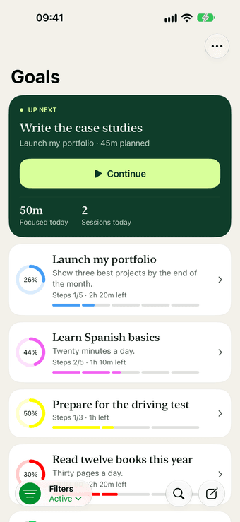 Focusio 1.1.0 preview: goals, the next step and today’s focus sessions using sample data