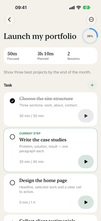 Focusio 1.1.0 preview: a portfolio goal broken into steps with planned and spent time