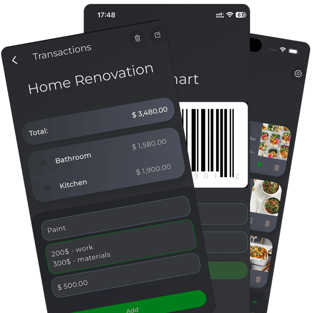 InfoSaver on iPhone showing grouped purchase lists with automatic totals