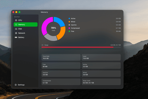 Mactor memory view with a memory-pressure donut chart broken down into used, wired, compressed and free RAM