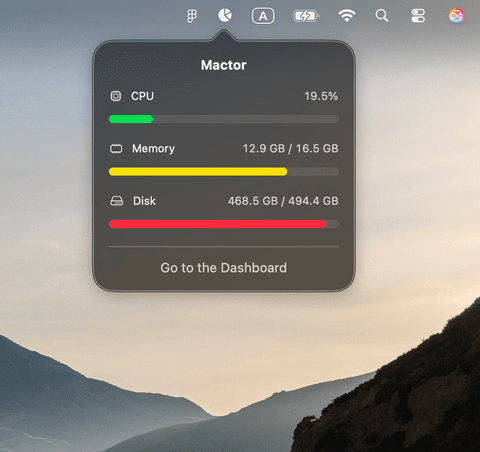 Mactor menu bar popover showing live CPU, memory, disk, network and battery readings