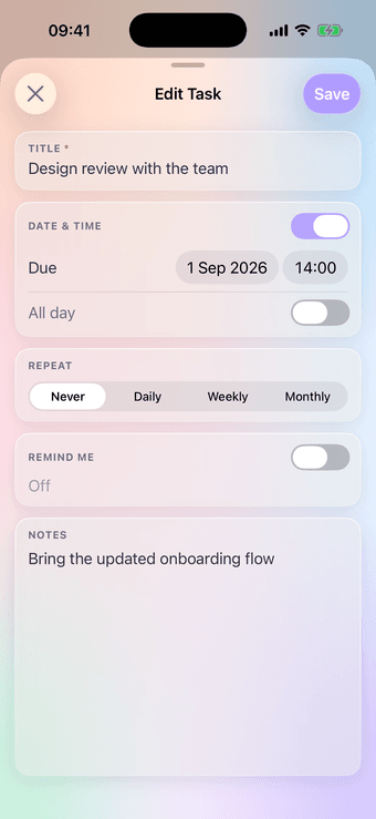 Monolist task editor showing the due date and time, the daily/weekly/monthly repeat picker and the reminder switch
