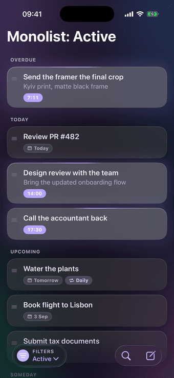 The same Monolist list in dark mode, with Overdue, Today and Upcoming sections and a due-today task lit by the accent
