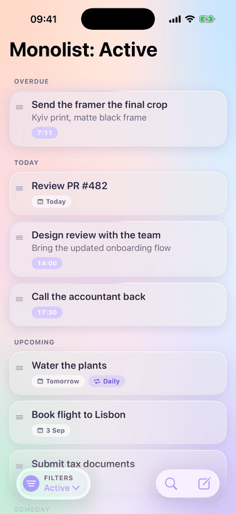 Monolist on iPhone with tasks sorted automatically into Overdue, Today and Upcoming sections