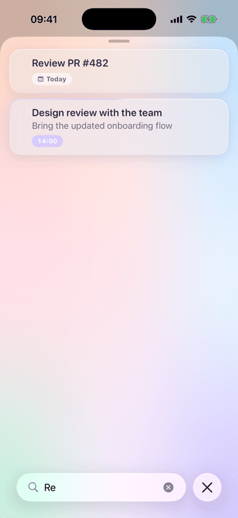 Monolist search returning matching tasks as the query is typed, across titles and notes