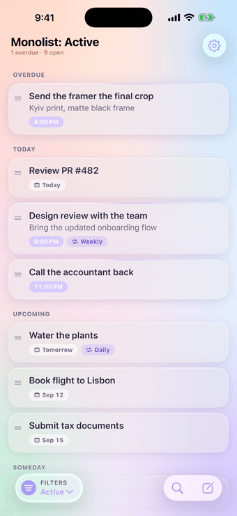 One to-do list, already in order: Monolist tasks grouped by due date