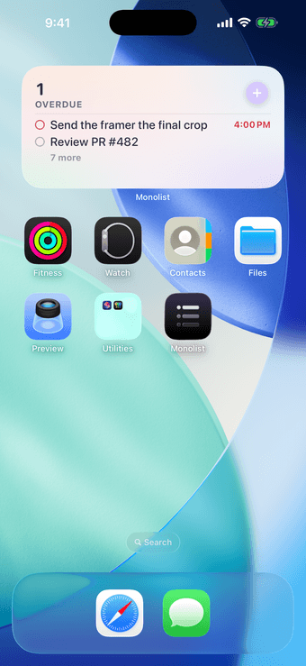 Monolist Up Next widget showing tasks on the iPhone Home Screen