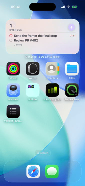 The Monolist Up Next widget on an iPhone home screen, listing the overdue count and the next tasks due