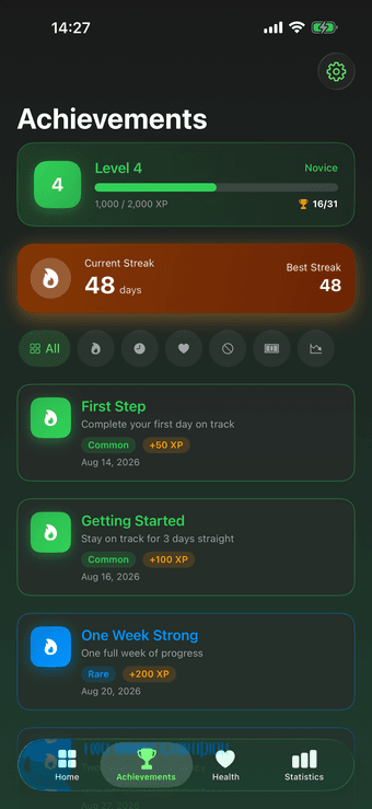 Smoke Free Premium achievements with 31 milestones and level progress