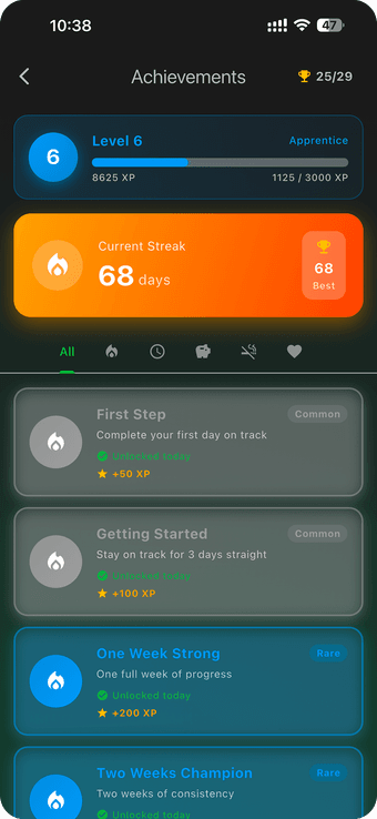 Smoke Free achievements screen showing unlocked badges, XP and level progress