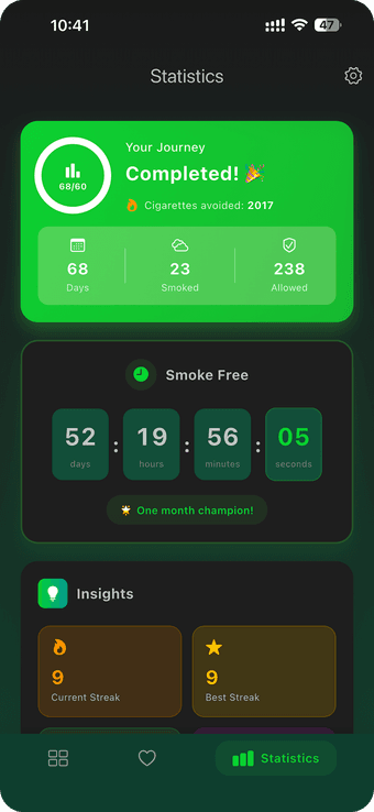 Smoke Free quest-completed screen celebrating a finished quit plan