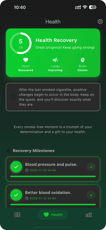 Smoke Free health recovery screen tracking heart, lung and brain recovery milestones