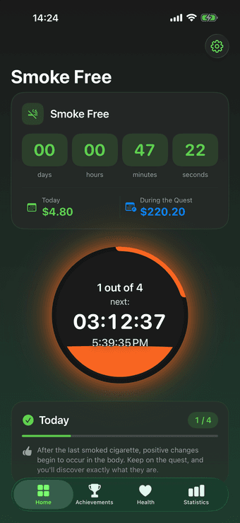 Smoke Free gradual plan with daily cigarette allowance, timer and estimated savings