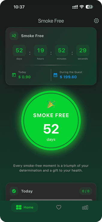 Smoke Free home screen counting down to the next allowed cigarette, with money saved and smoke-free days